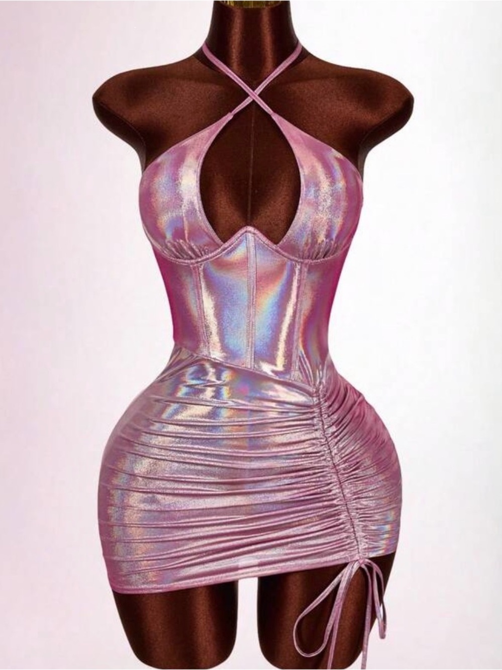 Holographic Pink Ruched Halter Mini Dress